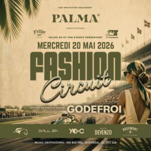 Affiche promotionnelle de l'événement Fashion Circuit au restaurant Palma, montrant une femme élégante regardant une piste de course automobile.
