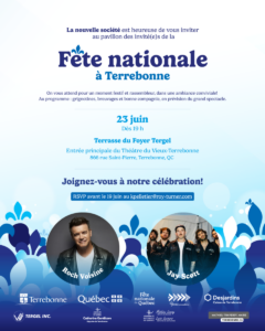 Affiche promotionnelle de la Fête nationale à Terrebonne mettant en vedette Roch Voisine et Jay Scott.
