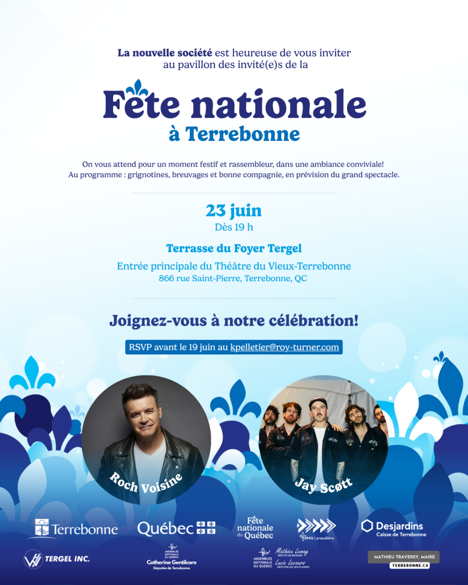 Affiche promotionnelle de la Fête nationale à Terrebonne mettant en vedette Roch Voisine et Jay Scott.