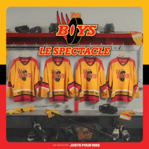 Affiche de la pièce de théâtre Les Boys avec les comédiens en équipement de hockey.