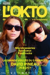 Festival poster for L'OKTO with two women wearing sunglasses, bold yellow title, and event dates Sept 11–13; lists microbreweries, spirits, and food trucks.