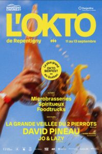 Festival poster for L'OKTO in Repentigny showing people toasting with glasses under a blue sky; large yellow title text L'OKTO and event info nearby.