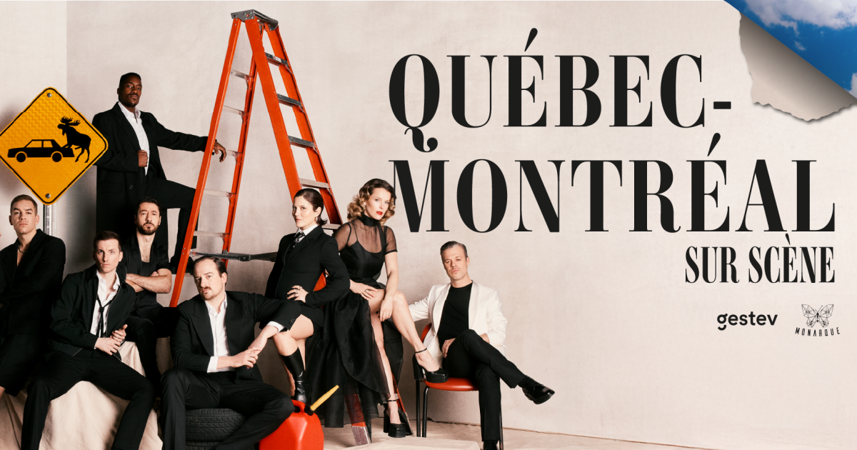 Décor spectaculaire de Québec-Montréal sur scène avec voitures suspendues à la Place des Arts