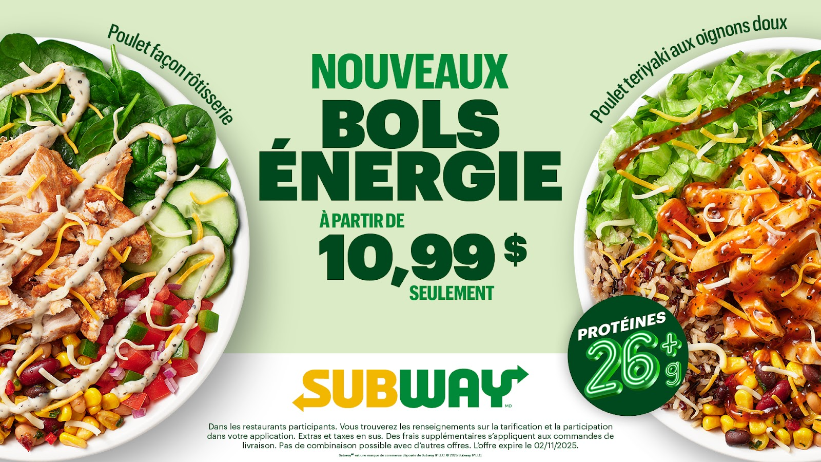 Nouveau menu Bols Énergie Subway au Canada