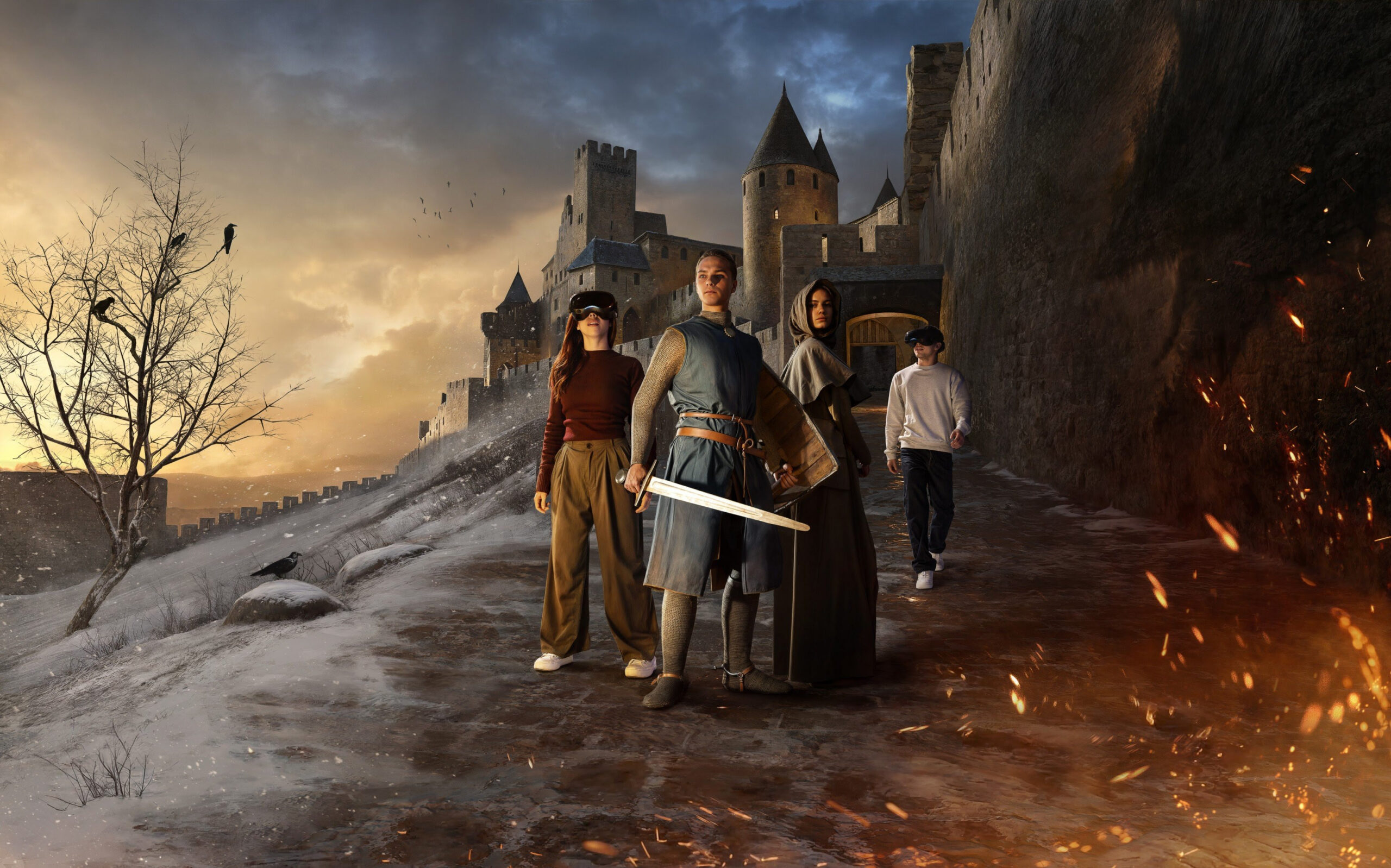 Aventuriers médiévaux devant Carcassonne pour l’expérience immersive Les Derniers Remparts au Vieux-Port de Montréal