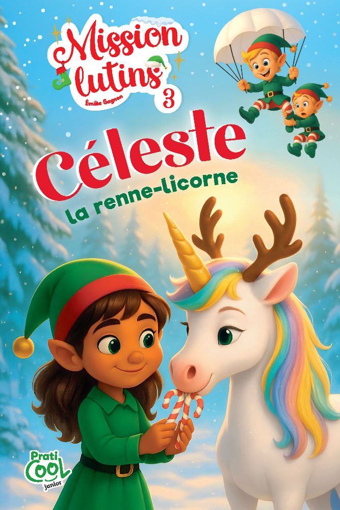 Mission lutins 3 : Céleste, la renne-licorne d’Émilie Gagnon – couverture du livre jeunesse publié chez Pratico Édition