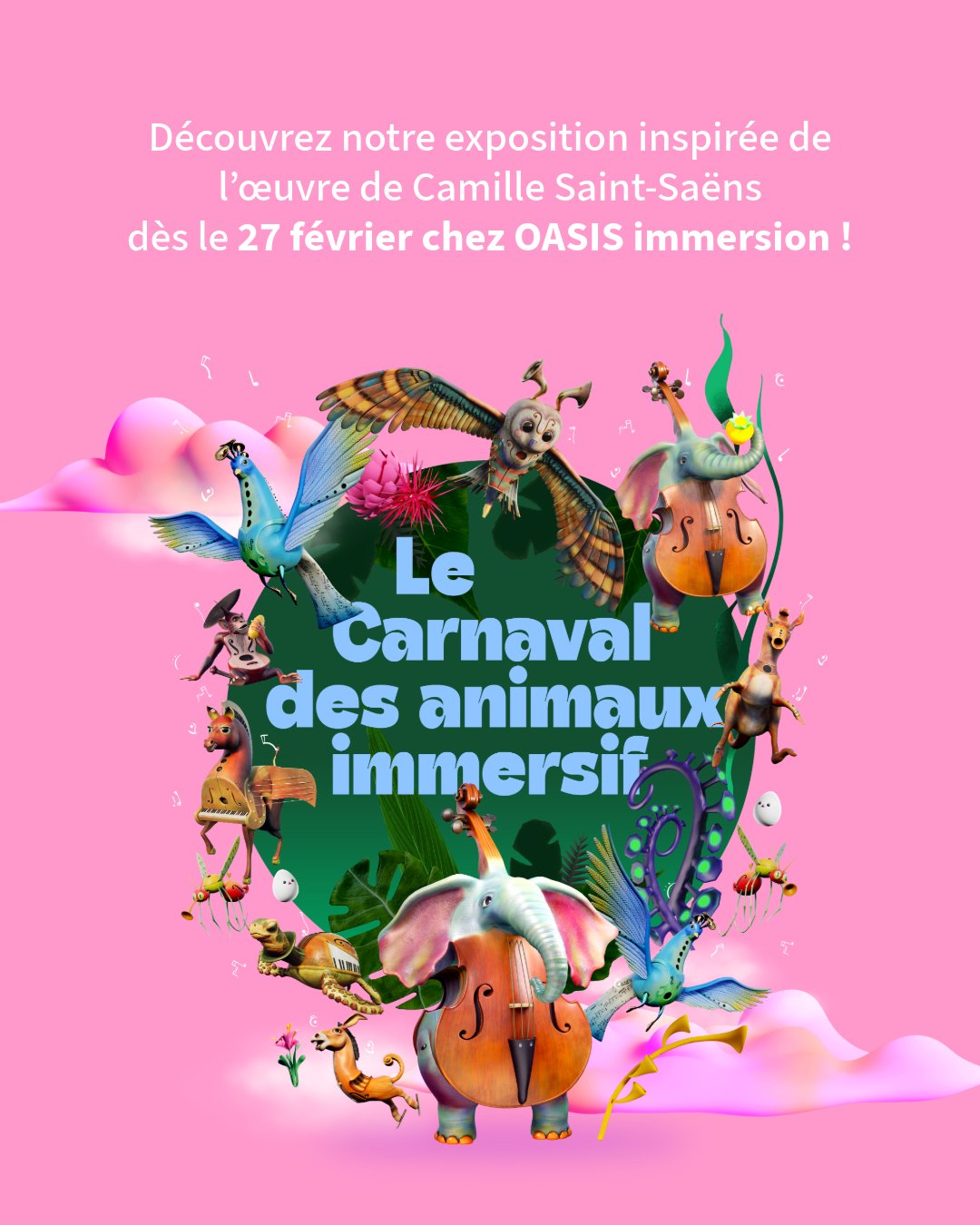 Affiche colorée du Carnaval des animaux immersif chez OASIS immersion montrant des créatures hybrides et des instruments de musique.