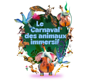 Affiche colorée du Carnaval des animaux immersif chez OASIS immersion montrant des créatures hybrides et des instruments de musique.