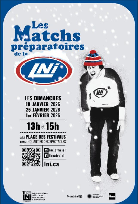 LNI - match d'improvisation extérieur sur la place des Festivals à Montréal en hiver.