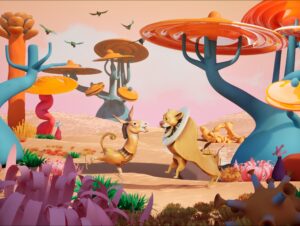 Affiche colorée du Carnaval des animaux immersif chez OASIS immersion montrant des créatures hybrides et des instruments de musique.