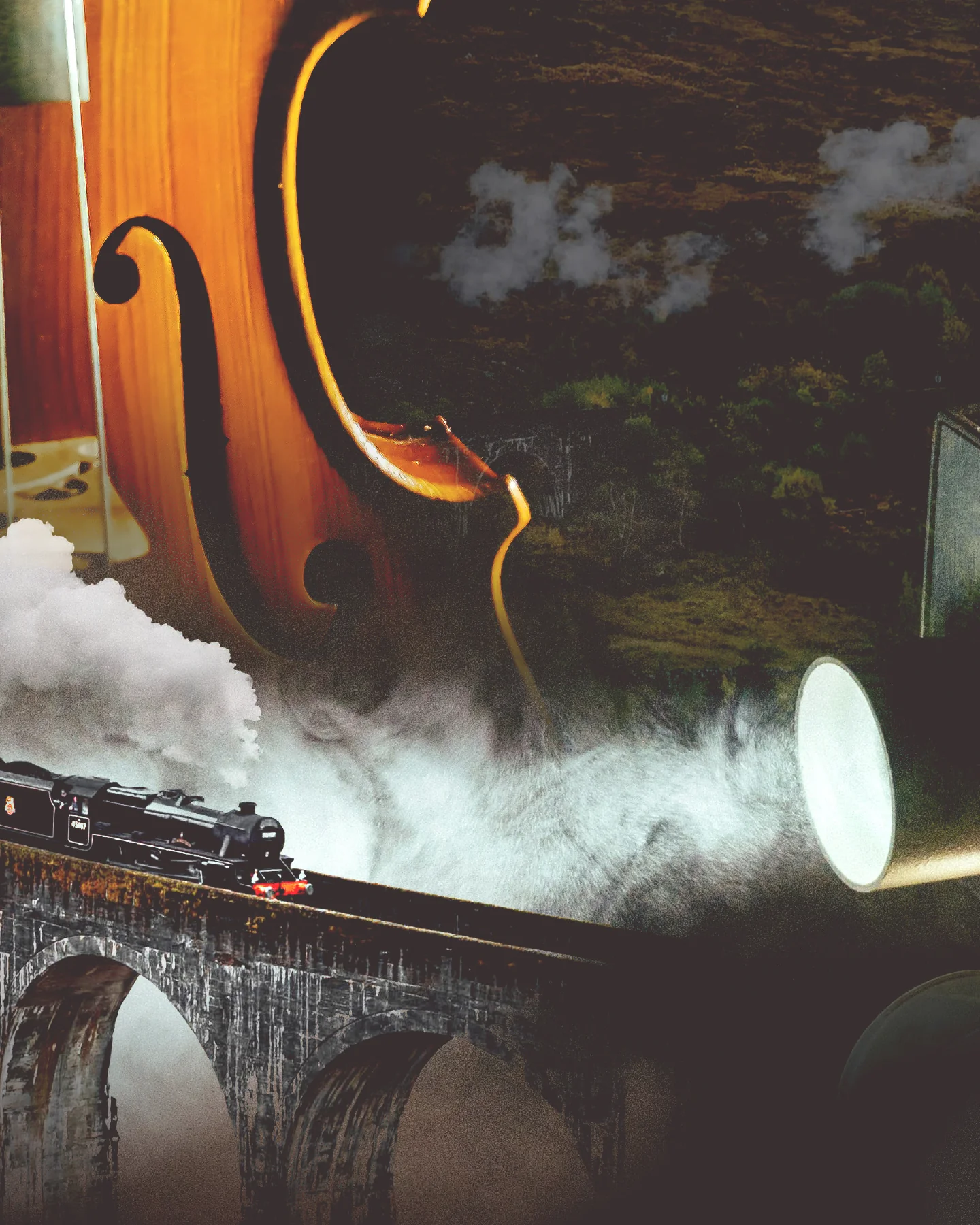 llustration du cinéma anglais : violon symphonique, train à vapeur dans une atmosphère brumeuse et musicale de l'Orchestre métropolitain