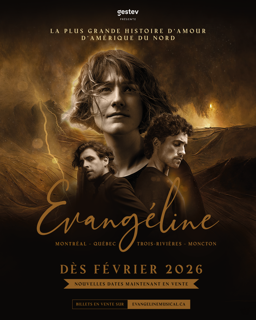 Affiche du spectacle musical Evangéline avec les acteurs principaux en costume d'époque.