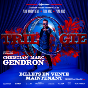 Affiche du spectacle TRILOGIE de Christian Marc Gendron avec le chanteur en habit bleu devant un fond rouge.