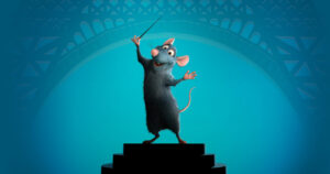 Affiche du spectacle Ratatouille en concert montrant le rat Rémy avec une cuillère en bois sur fond de Paris.