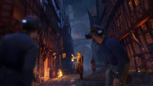 Visiteurs équipés de casques de réalité virtuelle explorant une rue médiévale lors de l'expérience immersive Éternelle Notre-Dame.