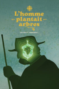 Scène colorée et poétique de l'exposition immersive L'Homme qui plantait des arbres aux studios des 7 doigts de la main à Montréal.