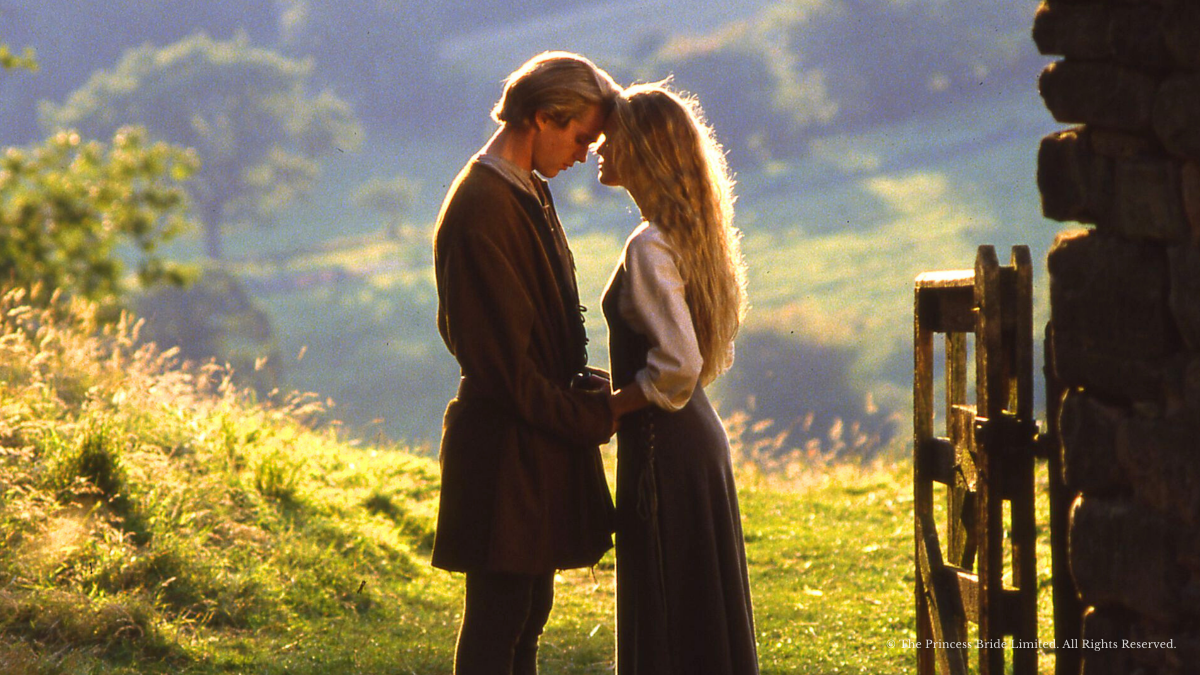 Affiche du ciné-concert The Princess Bride montrant le couple Westley et Bouton d'or dans un champ au coucher du soleil.