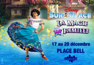 Les personnages de Mirabel d'Encanto et Elsa de La Reine des neiges patinant lors du spectacle Disney Sur Glace à la Place Bell.