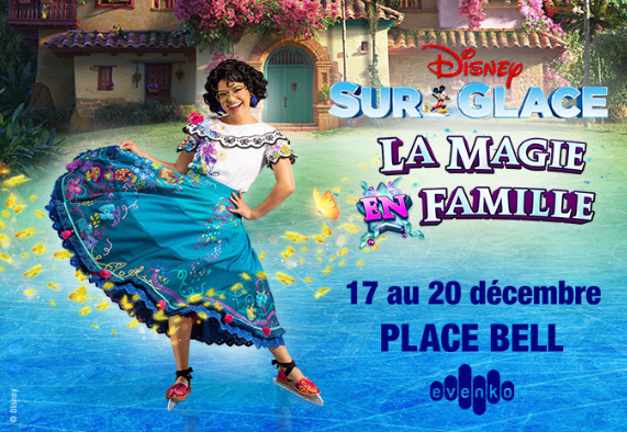 Les personnages de Mirabel d'Encanto et Elsa de La Reine des neiges patinant lors du spectacle Disney Sur Glace à la Place Bell.