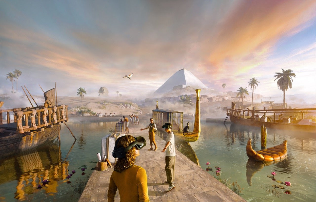 Affiche de l'expérience VR Le Trésor des Bâtisseurs montrant un sphinx ailé et des pyramides en Égypte antique.