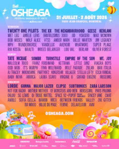 Affiche officielle et colorée de la programmation complète du festival Osheaga 2026 au parc Jean-Drapeau