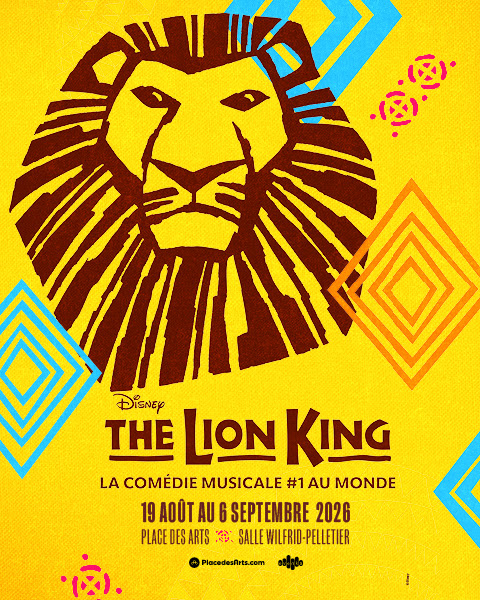 Affiche promotionnelle jaune de la comédie musicale The Lion King de Disney avec la tête de lion stylisée.