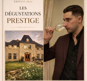 Affiche de l'événement Les Dégustations Prestige avec le magnifique Château Taillefer Lafon et un sommelier en pleine dégustation de vin.