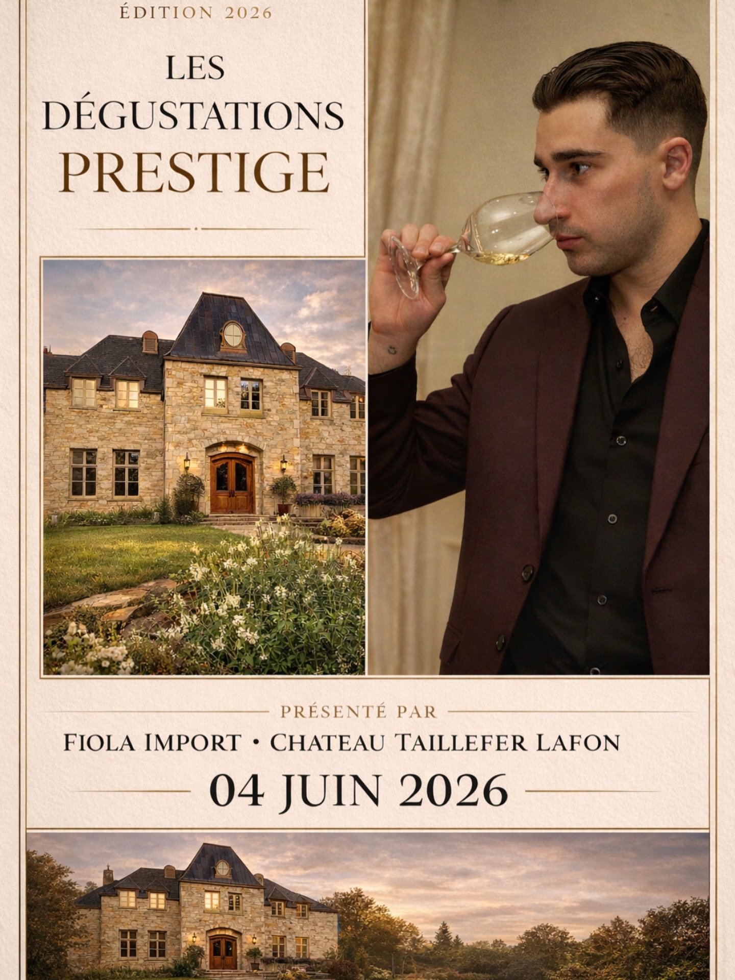 Affiche de l'événement Les Dégustations Prestige avec le magnifique Château Taillefer Lafon et un sommelier en pleine dégustation de vin.