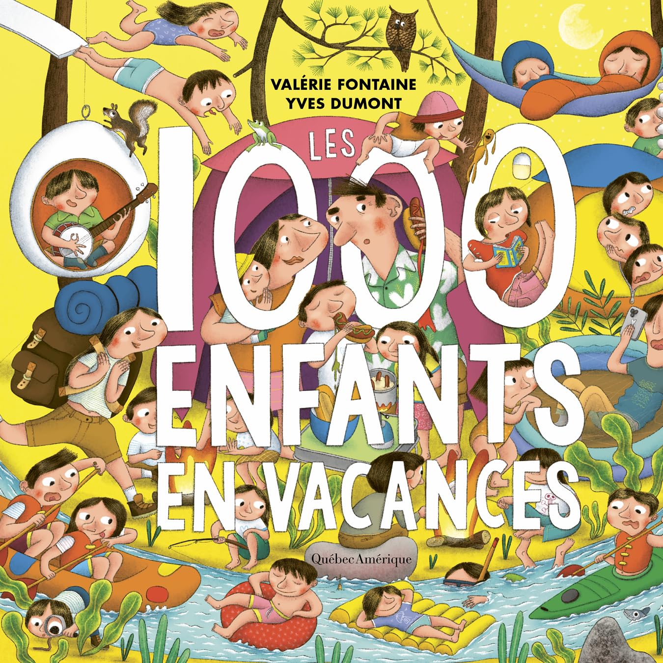 Couverture du livre pour enfants Les 1000 enfants en vacances montrant une immense famille en camping.