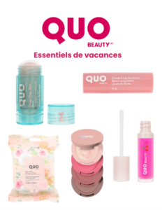 Ensemble de produits de maquillage Quo Beauty pour la fête des Mères incluant gloss, fards et lingettes à l'eau de rose.