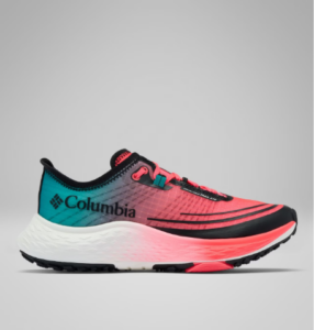 Une paire de souliers de course pour femme Konos Speed Trail ATR de Columbia de couleur Neon Sunrise