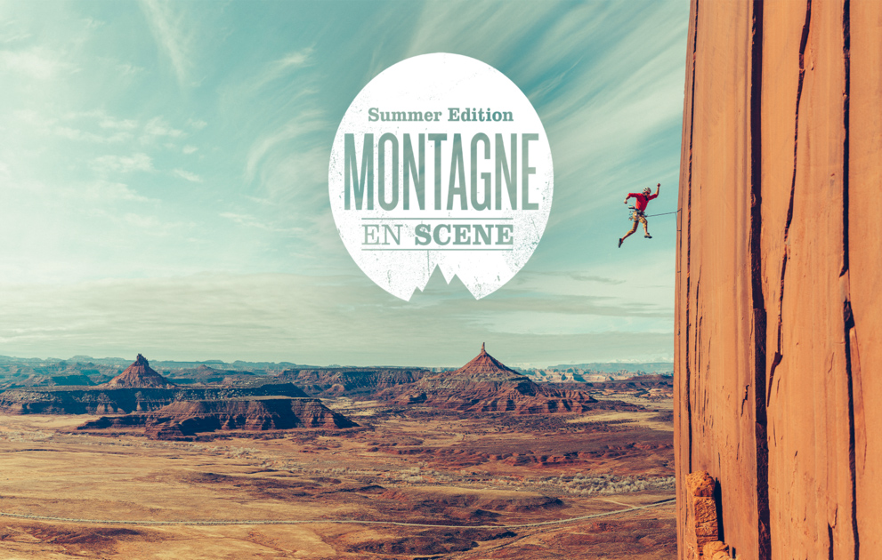 Affiche promotionnelle de l'édition d'été de Montagne en scène illustrant une personne faisant de l'alpinisme.
