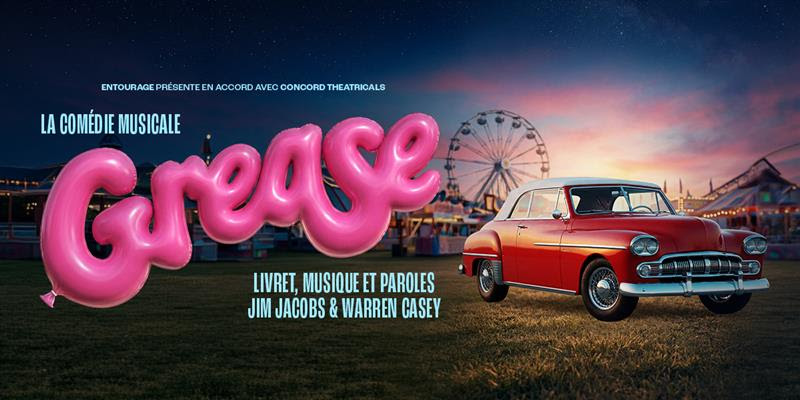 Affiche officielle de la comédie musicale Grease à Montréal mettant en vedette Claude Bégin, Éléonore Lagacé
