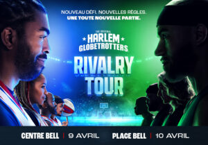Joueurs des Harlem Globetrotters en action avec un ballon de basketball lors de la tournée Rivalry.