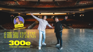 Two men pose on a theater stage with empty red seats behind them, promotional poster elements in yellow text and a circular guest photo on the left.