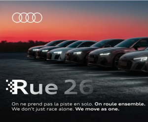 Affiche de l'événement Audi Rue 26 au Grand Prix de Montréal montrant des voitures de luxe alignées sous un ciel de coucher de soleil.
