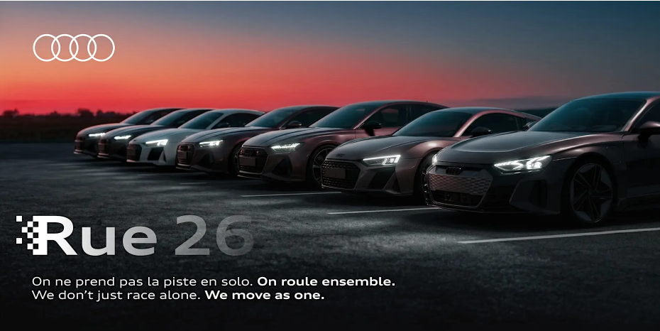 Affiche de l'événement Audi Rue 26 au Grand Prix de Montréal montrant des voitures de luxe alignées sous un ciel de coucher de soleil.