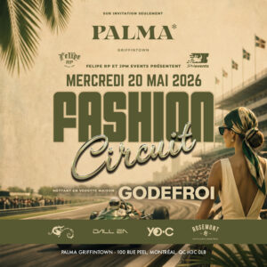 Promotional poster for Palma Griffin Town announcing a 'Fashion Circuit' race event, with a vintage-clad woman at a racetrack in the foreground.
