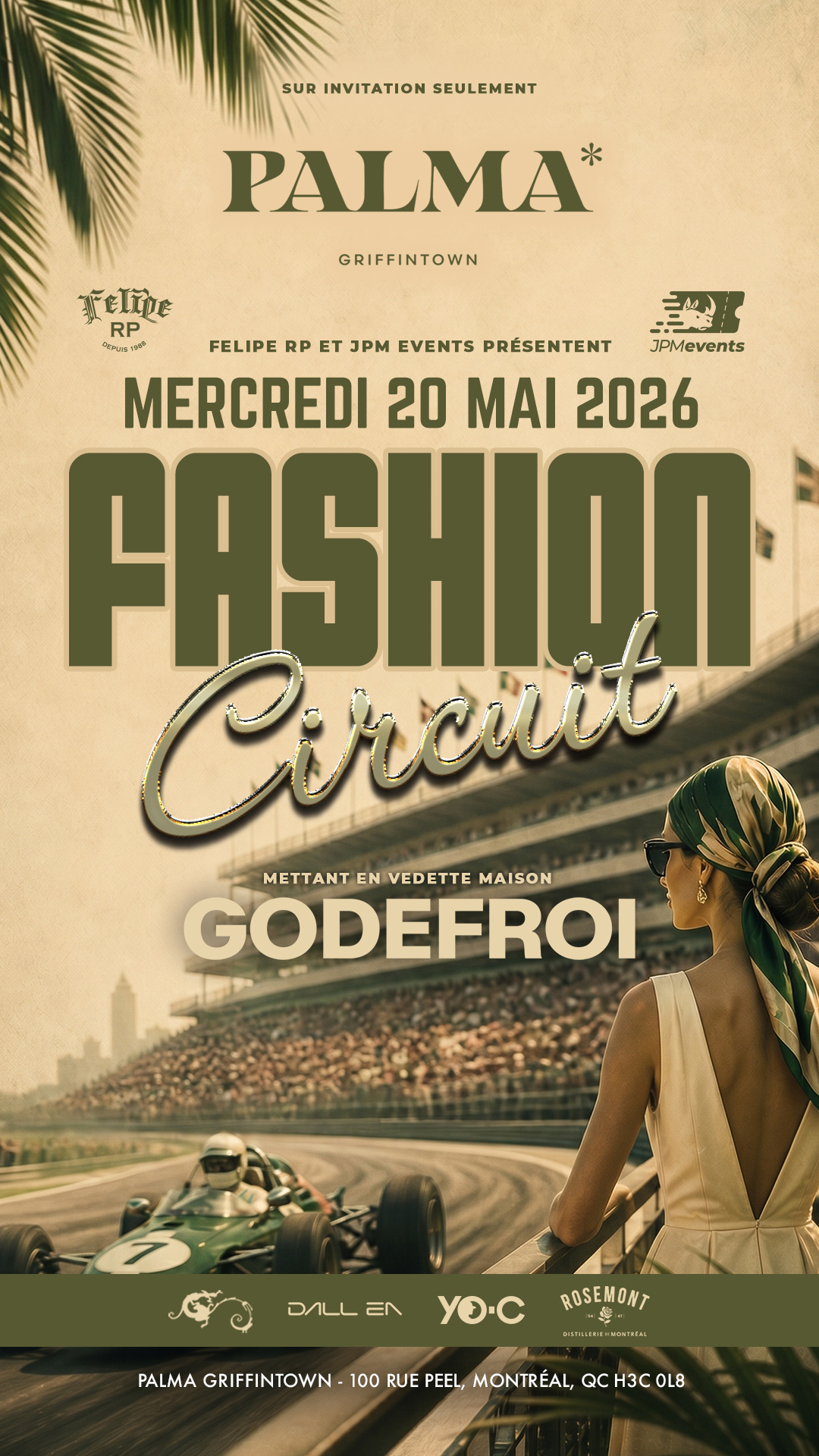 Affiche promotionnelle de l'événement Fashion Circuit au restaurant Palma, montrant une femme élégante regardant une piste de course automobile. Fashion Circuit - 2e édition