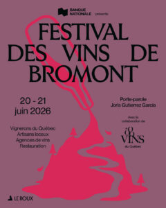 Affiche promotionnelle du Festival des vins de Bromont 2026, illustrant une bouteille de vin rouge versant son contenu sur une montagne.