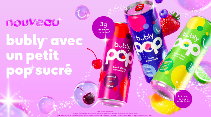 Trois canettes colorées de la nouvelle boisson pétillante bubly POP aux saveurs de petits fruits, cerise noire et citron lime.