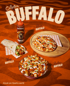 Menu Buffalo Fromagerie Victoria avec poutine Buffalo, wrap Buffalo et pizza Buffalo en collaboration avec Firebarns