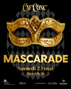Gold ornate masquerade mask on a black background with event name Mascarade and date/time in gold text.