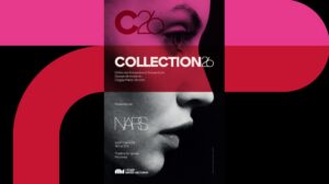 Affiche graphique rose, rouge et noire annonçant le défilé Collection 26 du Cégep Marie-Victorin, présenté par NARS au Théâtre St-James.
