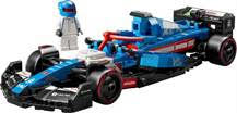 Blue LEGO Technic Formula 1 race car with a rear wing and red wheels