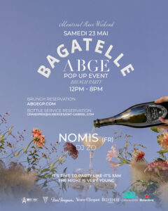 Event poster for Bagatelle ABGÉP pop-up brunch party on May 23, 12PM–8PM, with champagne being poured among flowers against a blue sky backdrop, including reservation info.