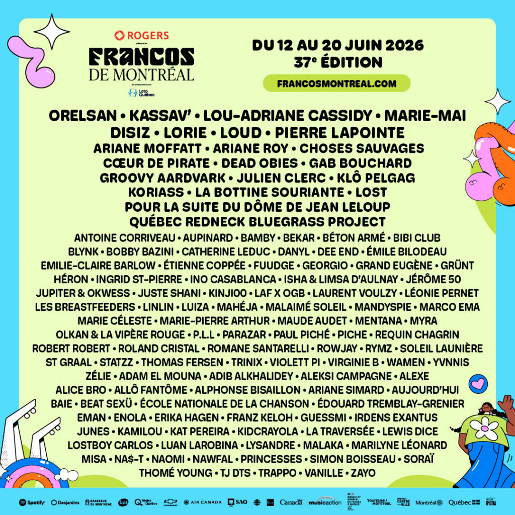 Poster for Francos de Montréal 37e édition, June 12–20, 2026, with sponsor logos and a long list of artist names; site: francosmontreal.com.