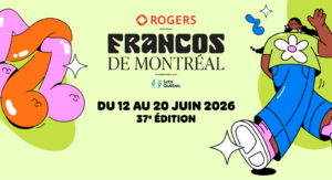 Festival poster for Francos de Montréal 2026 (June 12–20, 37th edition) with sponsor logos on a lime background, cartoon characters present.