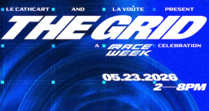 Affiche bleue de l'événement The Grid au Cathcart à Montréal pour le week-end du Grand Prix avec le duo Mont Rouge.