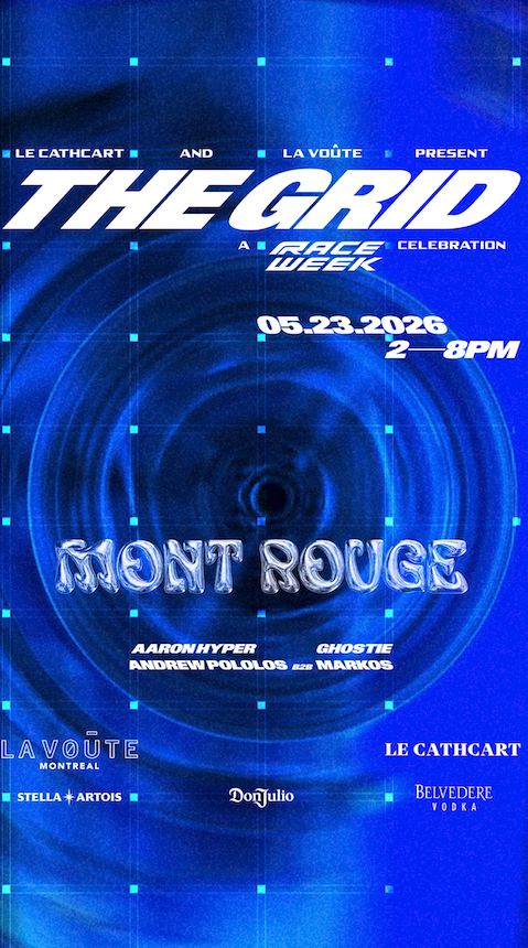 Affiche bleue de l'événement The Grid au Cathcart à Montréal pour le week-end du Grand Prix avec le duo Mont Rouge.